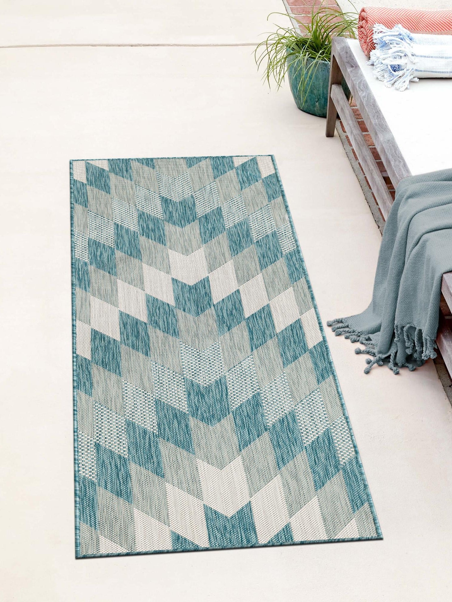 Aqua 2' 7 x 12' Outdoor Modern Runner Area Rug Weather Resistant for Patio, Deck, Terrace, Balcony, Porch 100% Polypropylene Modern Outside Carpet for Sale at Rug Engine