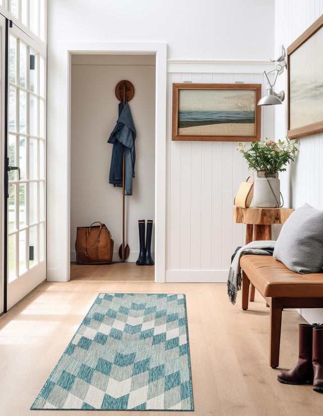 Aqua 2' x 6' 1 Outdoor Modern Runner Area Rug Weather Resistant for Patio, Deck, Terrace, Balcony, Porch 100% Polypropylene Modern Outside Carpet for Sale at Rug Engine