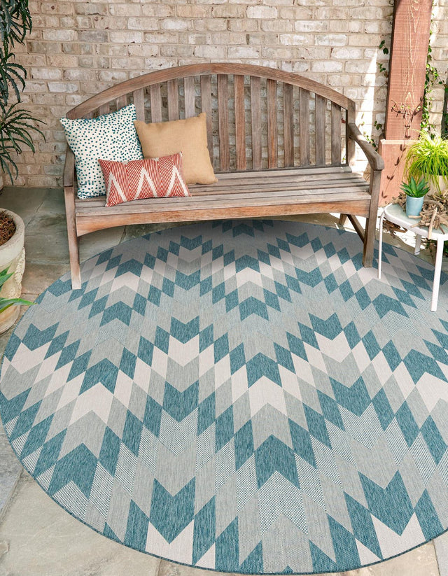 Aqua 6' 1 x 6' 1 Outdoor Modern Round Area Rug Weather Resistant for Patio, Deck, Terrace, Balcony, Porch 100% Polypropylene Modern Outside Carpet for Sale at Rug Engine