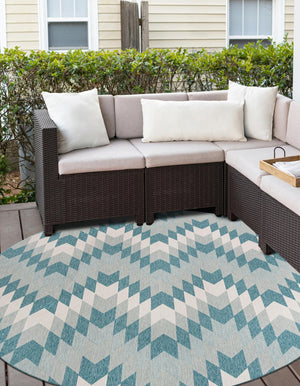 Aqua 6' 1 x 6' 1 Outdoor Modern Round Area Rug Weather Resistant for Patio, Deck, Terrace, Balcony, Porch 100% Polypropylene Modern Outside Carpet for Sale at Rug Engine