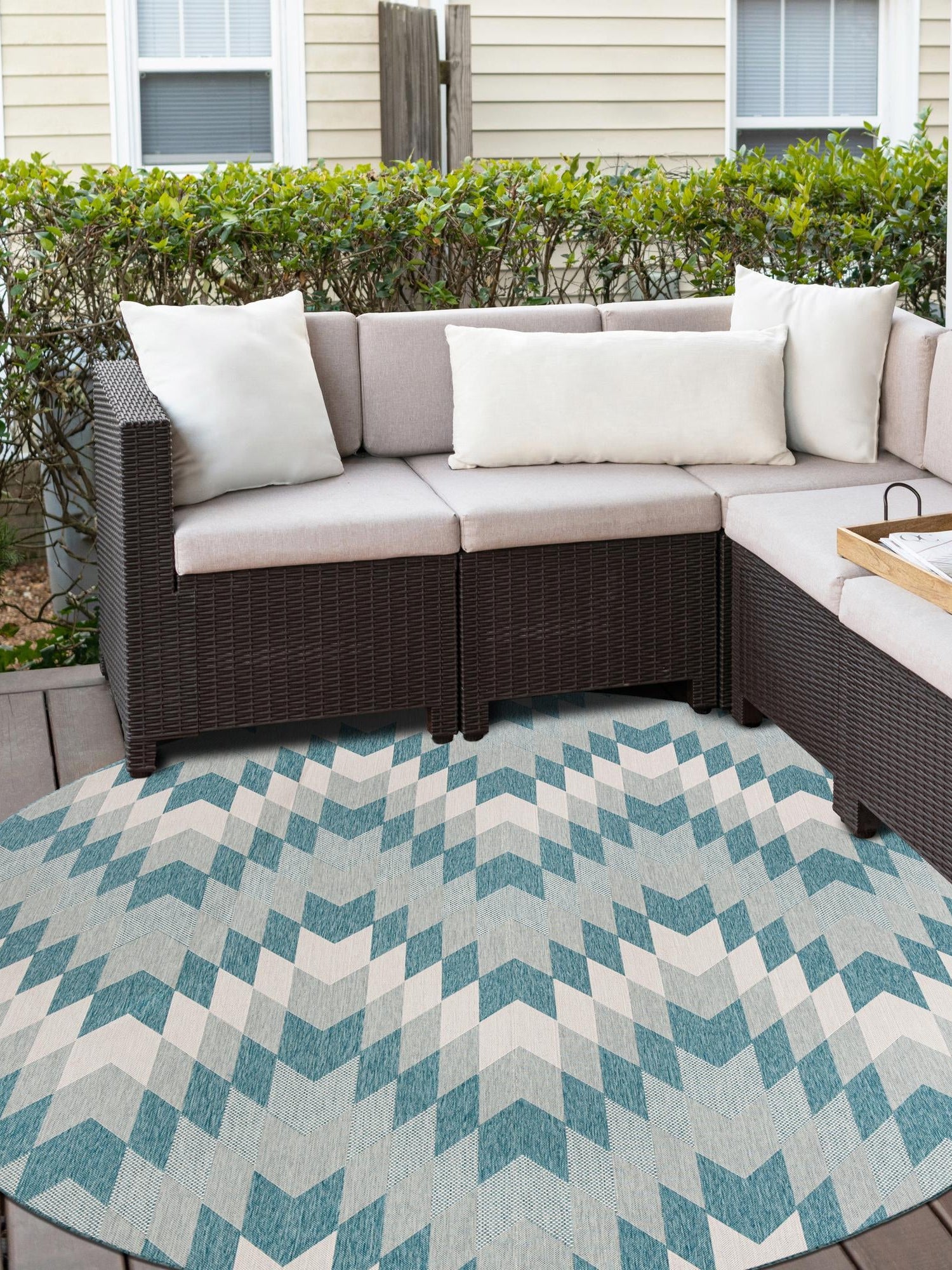 Aqua 3' 1 x 3' 1 Outdoor Modern Round Area Rug Weather Resistant for Patio, Deck, Terrace, Balcony, Porch 100% Polypropylene Modern Outside Carpet for Sale at Rug Engine
