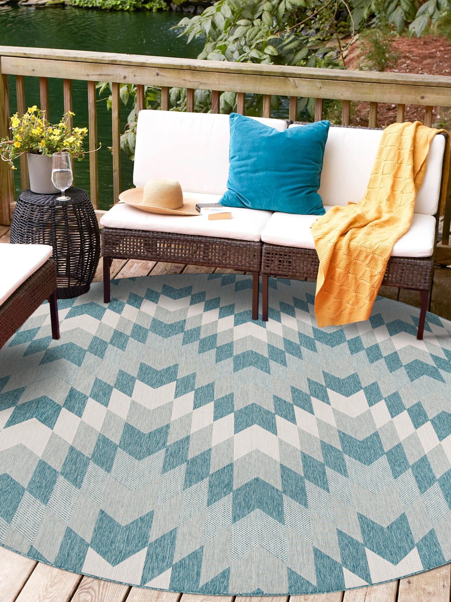 Aqua 3' 1 x 3' 1 Outdoor Modern Round Area Rug Weather Resistant for Patio, Deck, Terrace, Balcony, Porch 100% Polypropylene Modern Outside Carpet for Sale at Rug Engine