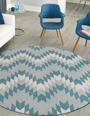 Aqua 6' 1 x 6' 1 Outdoor Modern Round Area Rug Weather Resistant for Patio, Deck, Terrace, Balcony, Porch 100% Polypropylene Modern Outside Carpet for Sale at Rug Engine