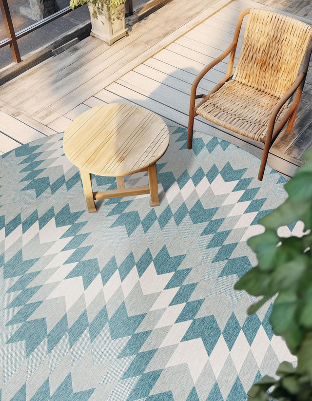 Aqua 10' x 10' Outdoor Modern Round Area Rug Weather Resistant for Patio, Deck, Terrace, Balcony, Porch
