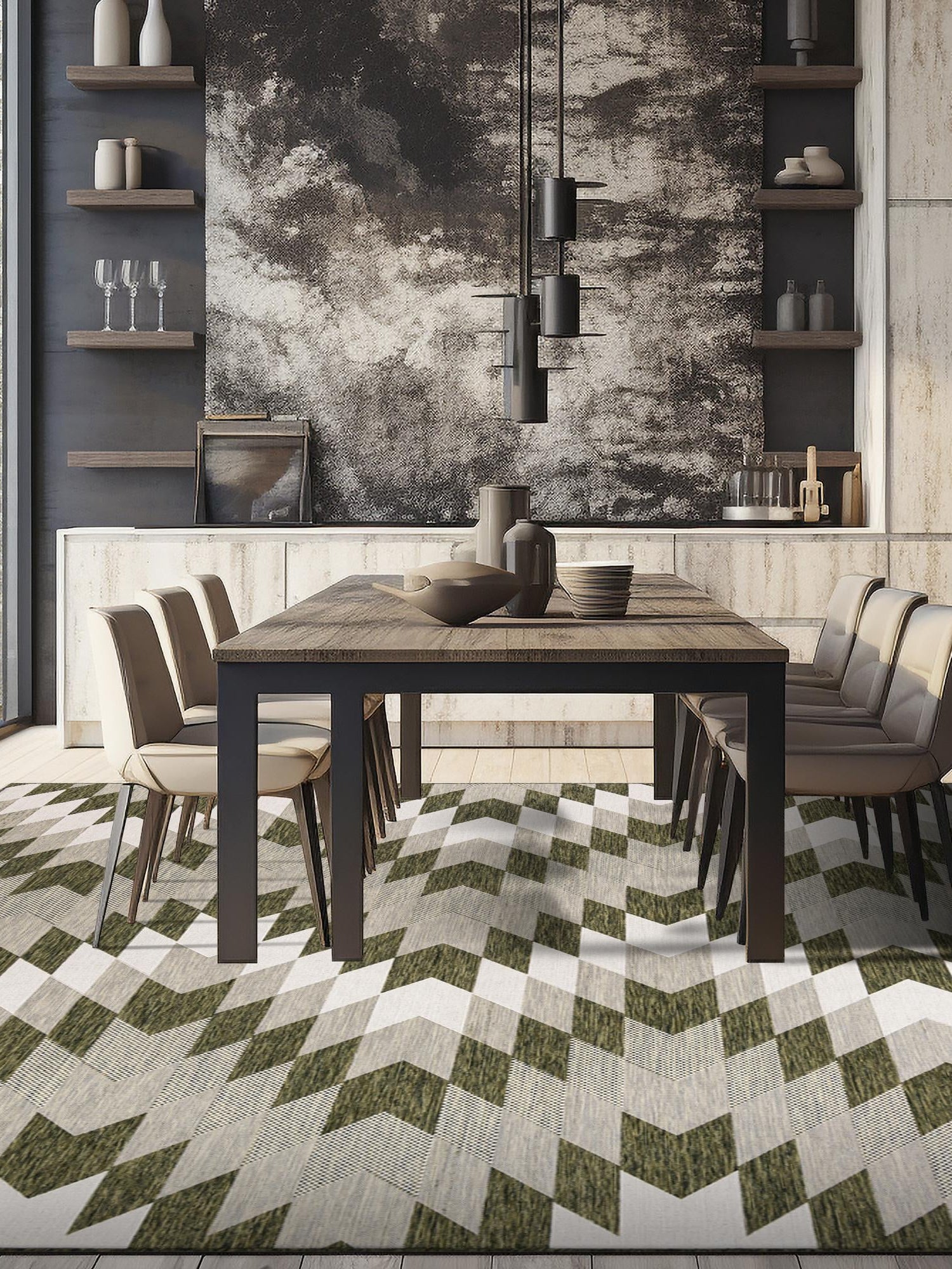 Green 10' x 10' Outdoor Modern Square Area Rug Weather Resistant for Patio, Deck, Terrace, Balcony, Porch 100% Polypropylene Modern Outside Carpet for Sale at Rug Engine