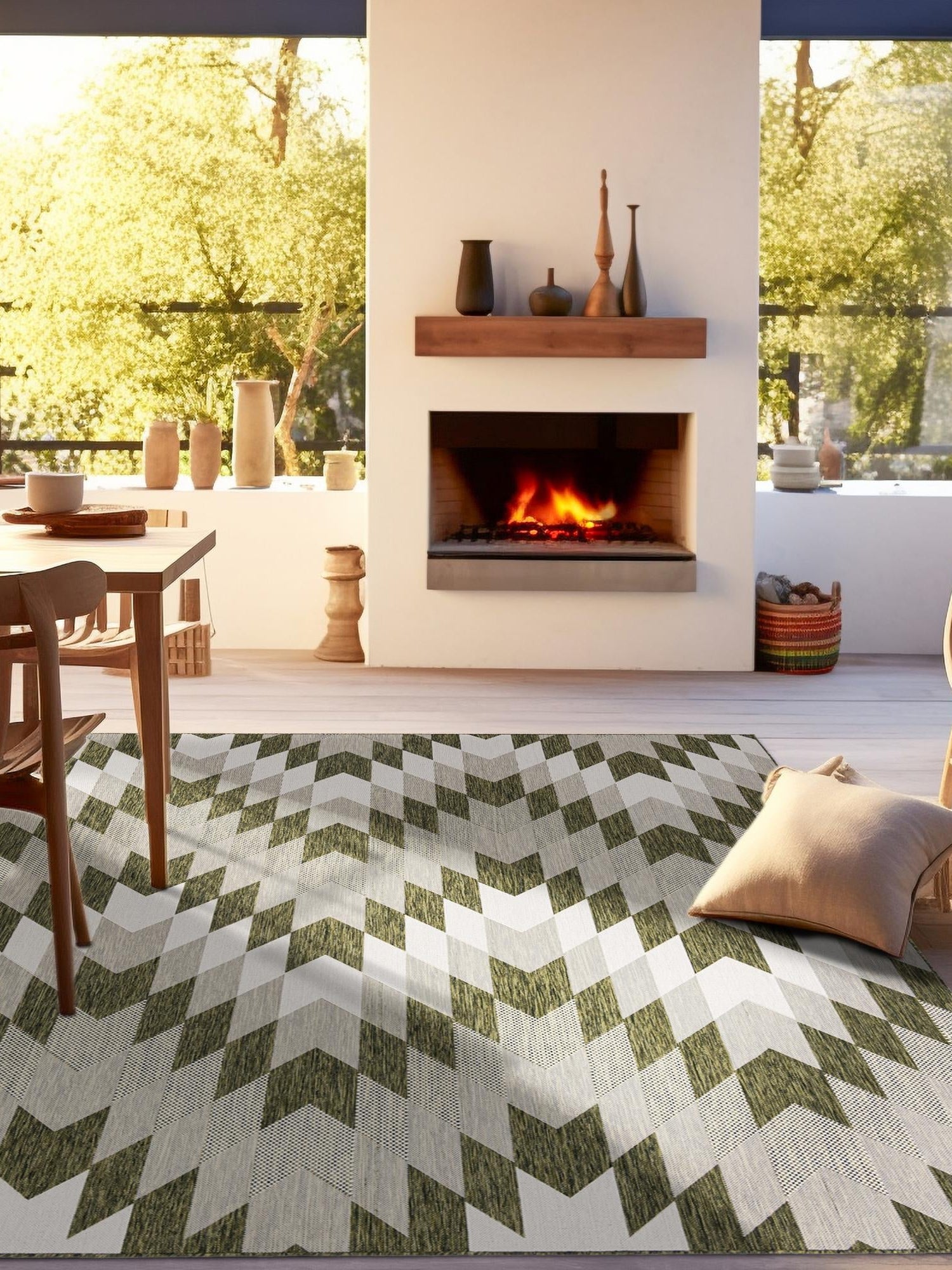 Green 7' 10 x 7' 10 Outdoor Modern Square Area Rug Weather Resistant for Patio, Deck, Terrace, Balcony, Porch 100% Polypropylene Modern Outside Carpet for Sale at Rug Engine