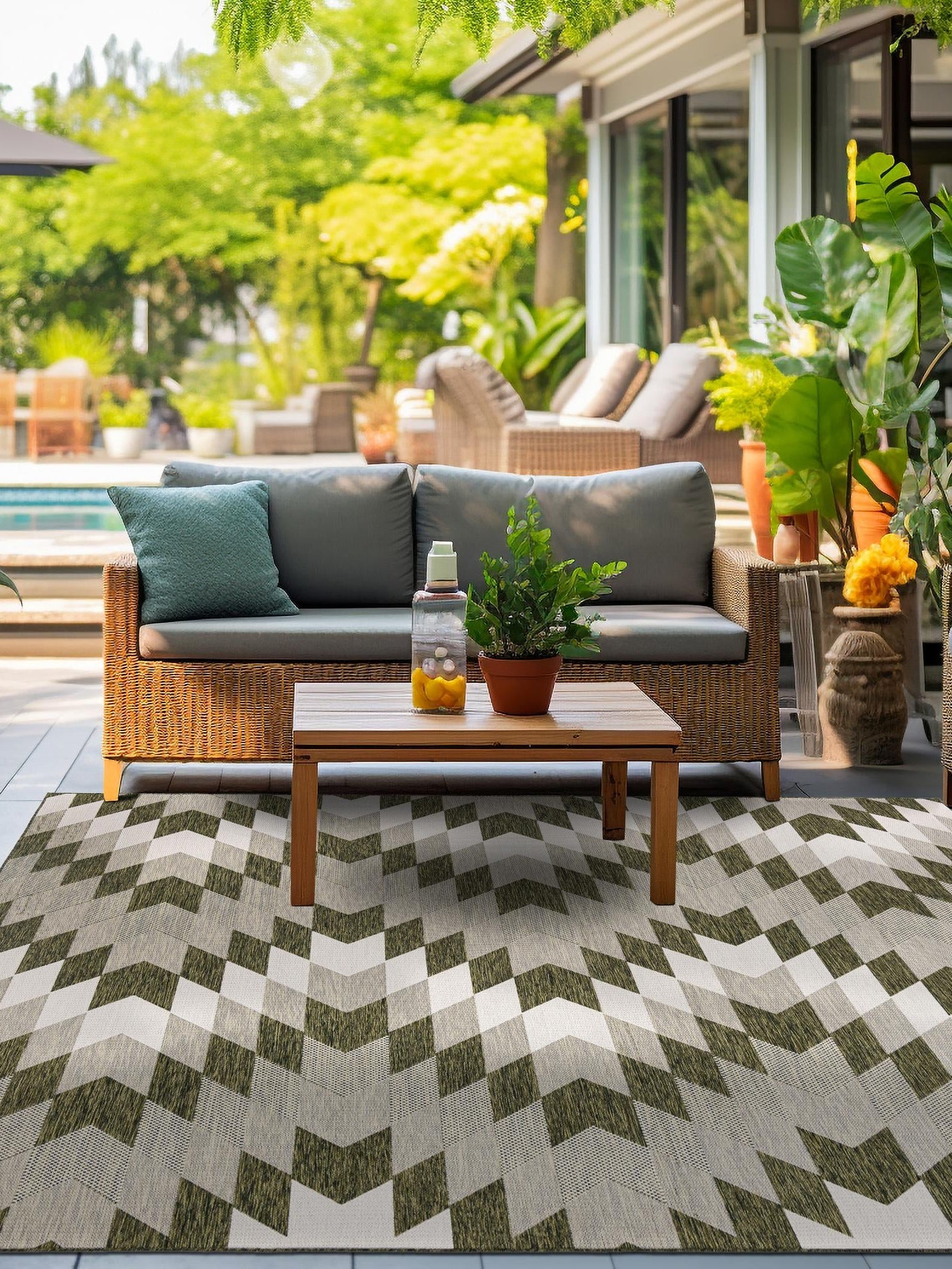 Green 7' 10 x 7' 10 Outdoor Modern Square Area Rug Weather Resistant for Patio, Deck, Terrace, Balcony, Porch 100% Polypropylene Modern Outside Carpet for Sale at Rug Engine