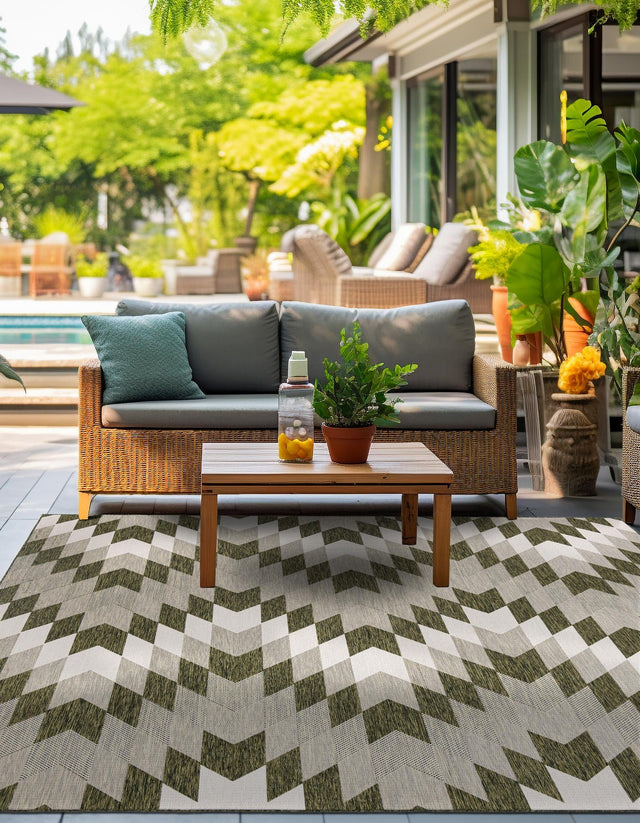 Green 10' x 10' Outdoor Modern Square Area Rug Weather Resistant for Patio, Deck, Terrace, Balcony, Porch 100% Polypropylene Modern Outside Carpet for Sale at Rug Engine