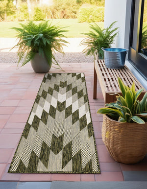 Green 2' x 6' 1 Outdoor Modern Runner Area Rug Weather Resistant for Patio, Deck, Terrace, Balcony, Porch 100% Polypropylene Modern Outside Carpet for Sale at Rug Engine