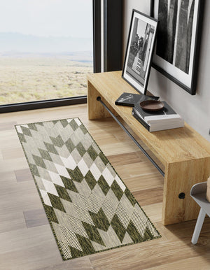 Green 2' x 4' 1 Outdoor Modern Runner Area Rug Weather Resistant for Patio, Deck, Terrace, Balcony, Porch 100% Polypropylene Modern Outside Carpet for Sale at Rug Engine