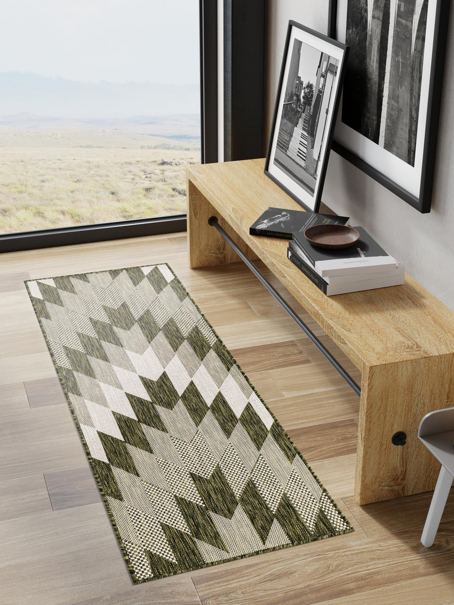 Green 2' x 6' 1 Outdoor Modern Runner Area Rug Weather Resistant for Patio, Deck, Terrace, Balcony, Porch 100% Polypropylene Modern Outside Carpet for Sale at Rug Engine