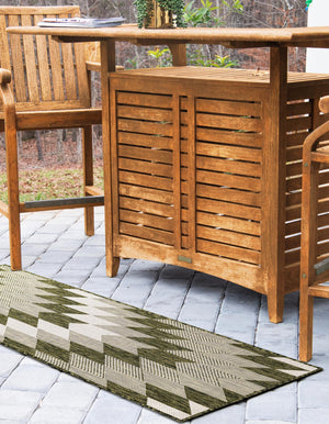 Green 2' 7 x 12' Outdoor Modern Runner Area Rug Weather Resistant for Patio, Deck, Terrace, Balcony, Porch 100% Polypropylene Modern Outside Carpet for Sale at Rug Engine