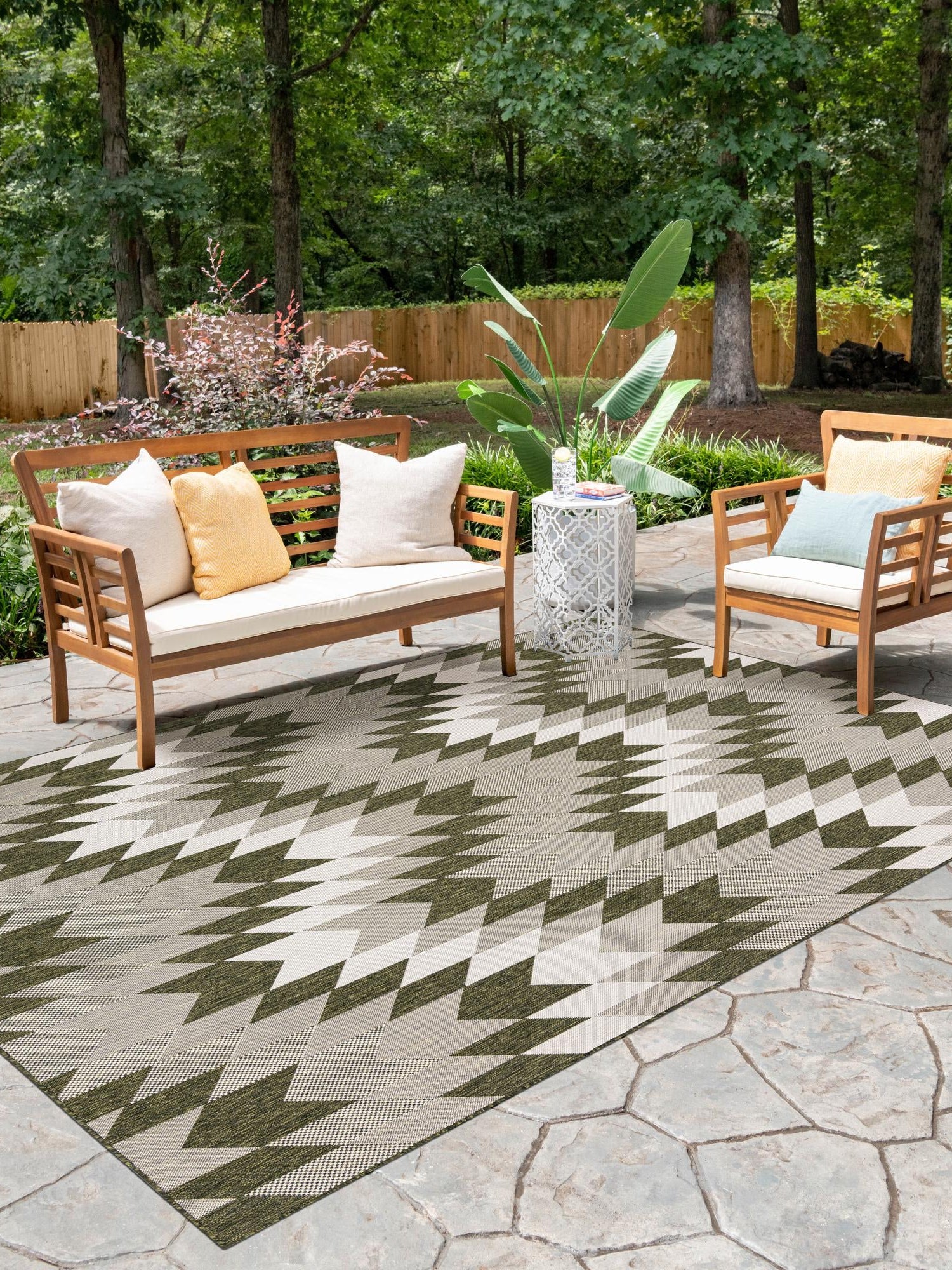 Green 4' 1 x 6' 1 Outdoor Modern Rectangle Area Rug Weather Resistant for Patio, Deck, Terrace, Balcony, Porch 100% Polypropylene Modern Outside Carpet for Sale at Rug Engine