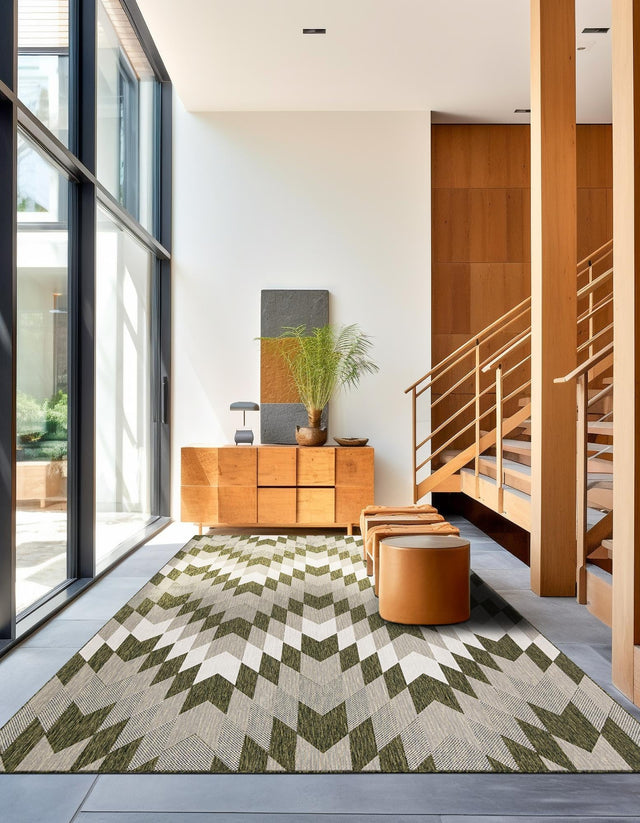 Green 10' x 14' 1 Outdoor Modern Rectangle Area Rug Weather Resistant for Patio, Deck, Terrace, Balcony, Porch 100% Polypropylene Modern Outside Carpet for Sale at Rug Engine