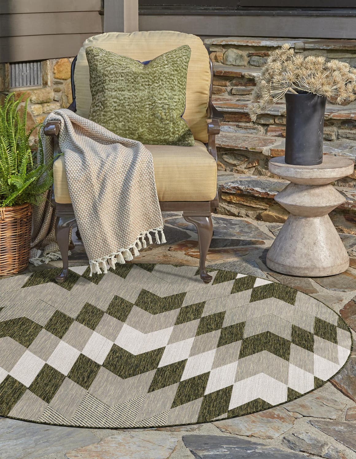 Green 3' 1 x 3' 1 Outdoor Modern Round Area Rug Weather Resistant for Patio, Deck, Terrace, Balcony, Porch 100% Polypropylene Modern Outside Carpet for Sale at Rug Engine