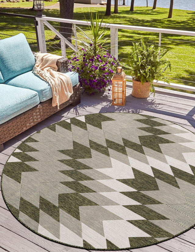 Green 6' 1 x 6' 1 Outdoor Modern Round Area Rug Weather Resistant for Patio, Deck, Terrace, Balcony, Porch 100% Polypropylene Modern Outside Carpet for Sale at Rug Engine