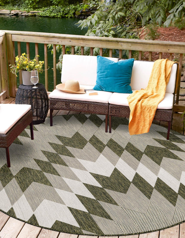Green 6' 1 x 6' 1 Outdoor Modern Round Area Rug Weather Resistant for Patio, Deck, Terrace, Balcony, Porch 100% Polypropylene Modern Outside Carpet for Sale at Rug Engine