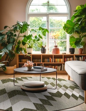 Green 7' 10 x 7' 10 Outdoor Modern Round Area Rug Weather Resistant for Patio, Deck, Terrace, Balcony, Porch 100% Polypropylene Modern Outside Carpet for Sale at Rug Engine