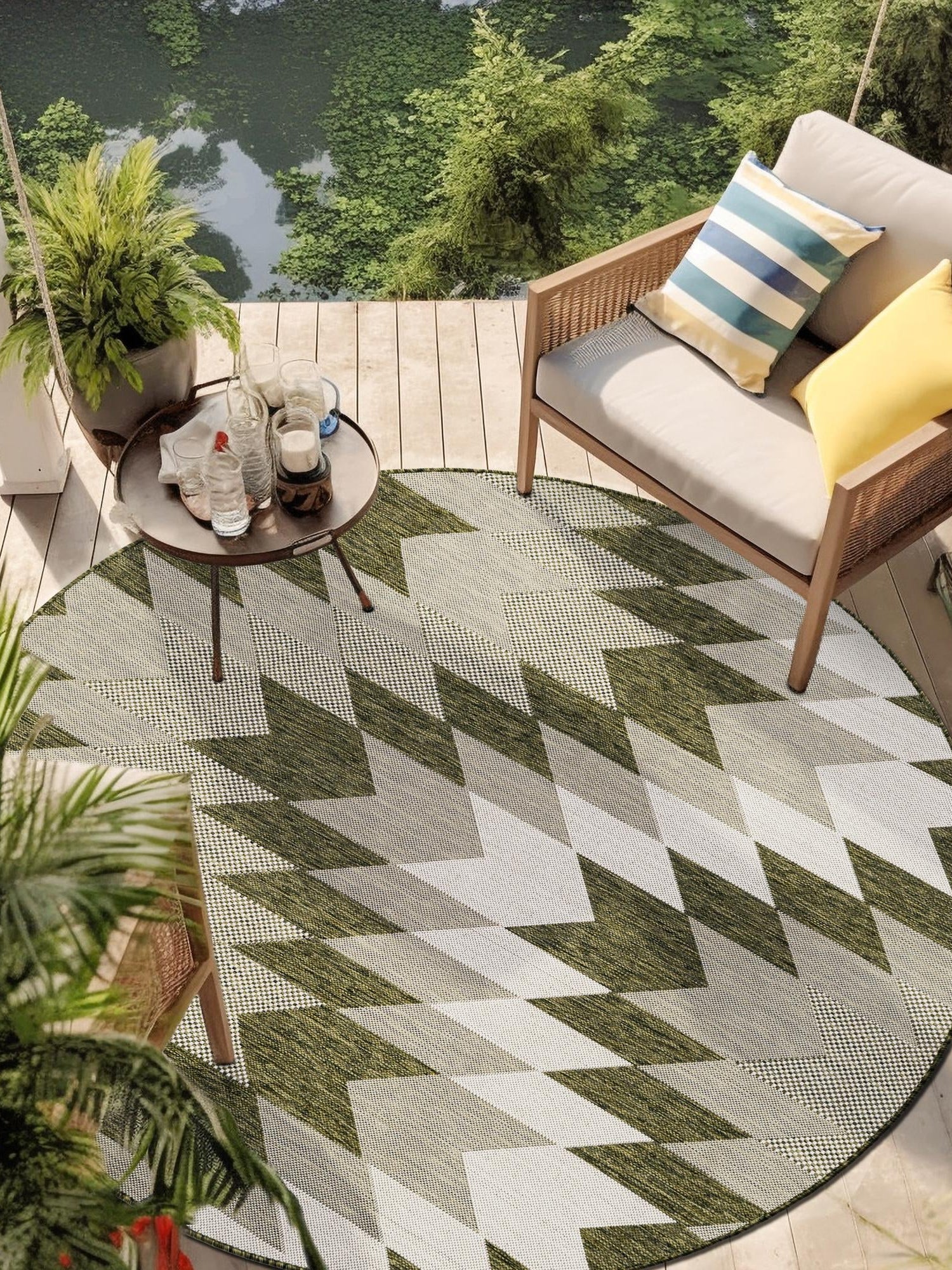 Green 12' x 12' Outdoor Modern Round Area Rug Weather Resistant for Patio, Deck, Terrace, Balcony, Porch 100% Polypropylene Modern Outside Carpet for Sale at Rug Engine