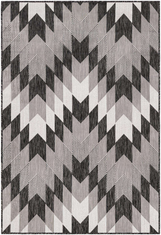 Black and White 4' 1 x 6' 1 Outdoor Modern Rectangle Area Rug Weather Resistant for Patio, Deck, Terrace, Balcony, Porch 100% Polypropylene Modern Outside Carpet for Sale at Rug Engine