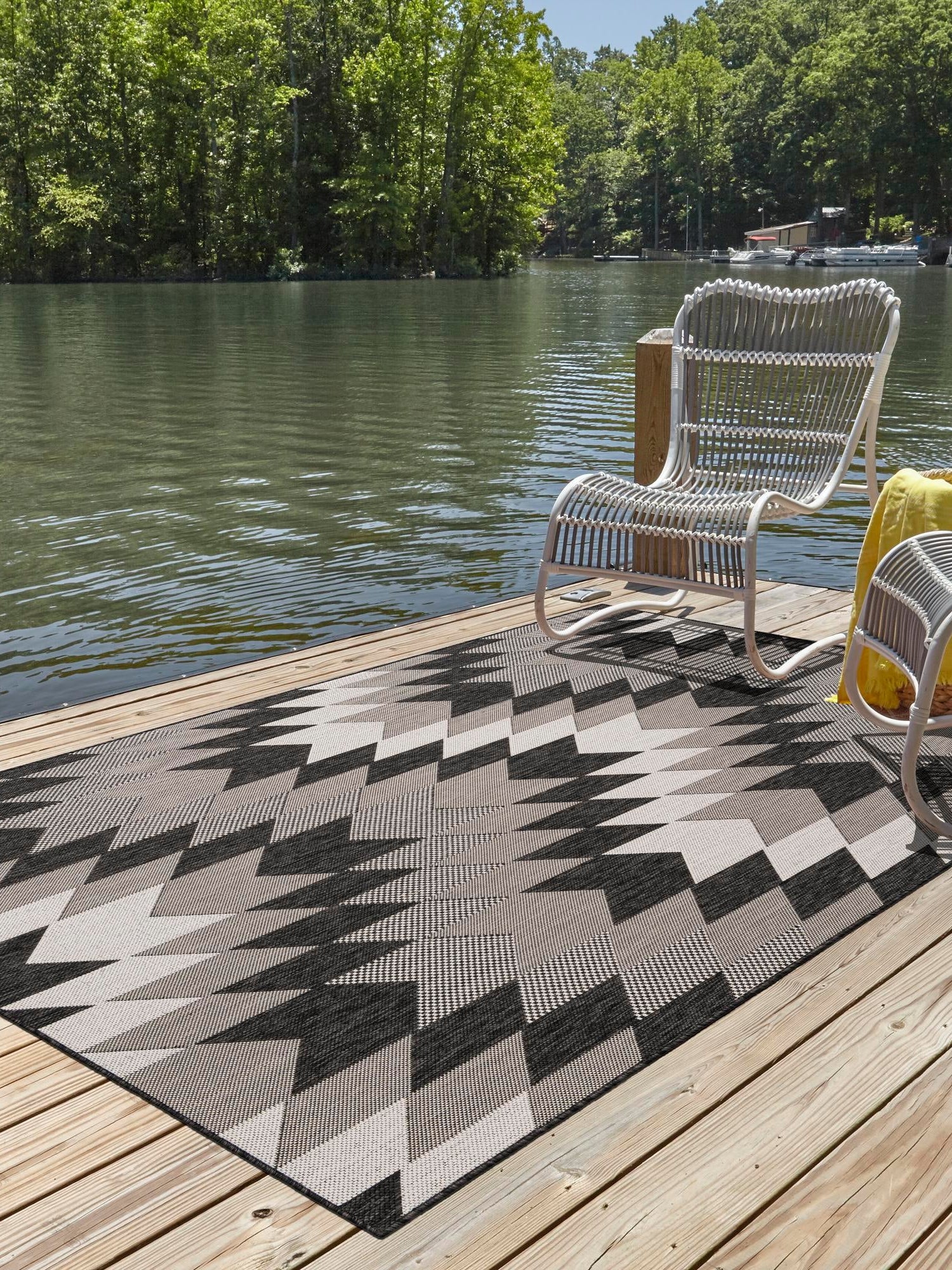 Black and White 6' 1 x 9' Outdoor Modern Rectangle Area Rug Weather Resistant for Patio, Deck, Terrace, Balcony, Porch 100% Polypropylene Modern Outside Carpet for Sale at Rug Engine