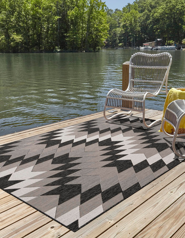 Black and White 6' 1 x 9' Outdoor Modern Rectangle Area Rug Weather Resistant for Patio, Deck, Terrace, Balcony, Porch 100% Polypropylene Modern Outside Carpet for Sale at Rug Engine