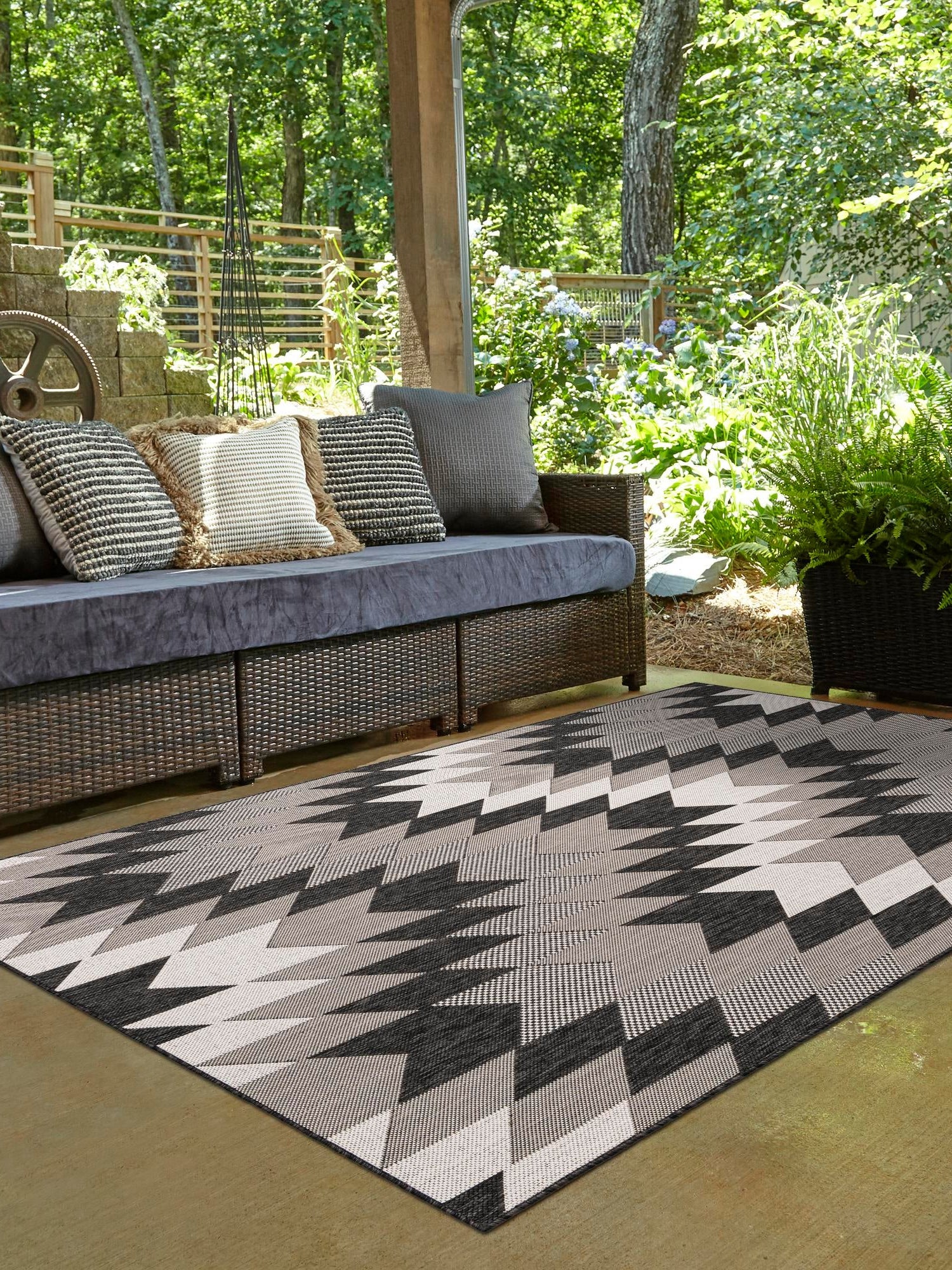 Black and White 6' 1 x 9' Outdoor Modern Rectangle Area Rug Weather Resistant for Patio, Deck, Terrace, Balcony, Porch 100% Polypropylene Modern Outside Carpet for Sale at Rug Engine