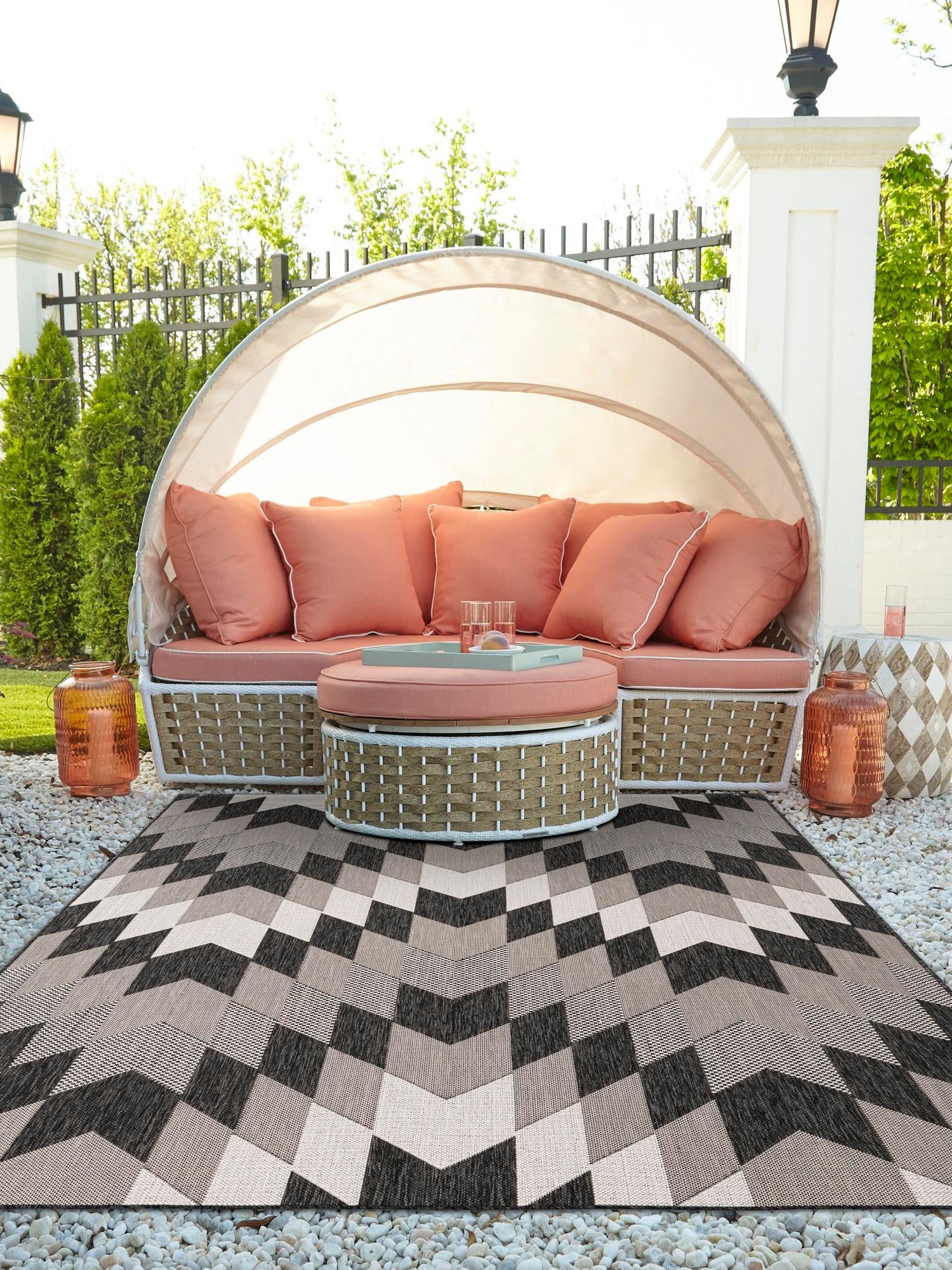 Black and White 4' 1 x 6' 1 Outdoor Modern Rectangle Area Rug Weather Resistant for Patio, Deck, Terrace, Balcony, Porch 100% Polypropylene Modern Outside Carpet for Sale at Rug Engine