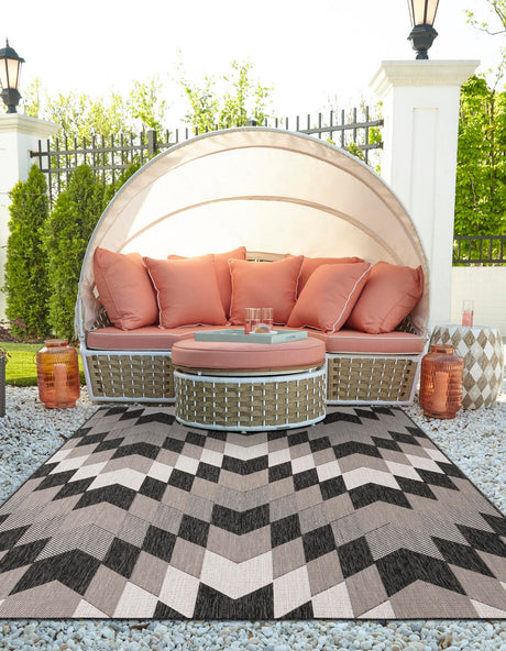 Black and White 9' x 12' Outdoor Modern Rectangle Area Rug Weather Resistant for Patio, Deck, Terrace, Balcony, Porch 100% Polypropylene Modern Outside Carpet for Sale at Rug Engine