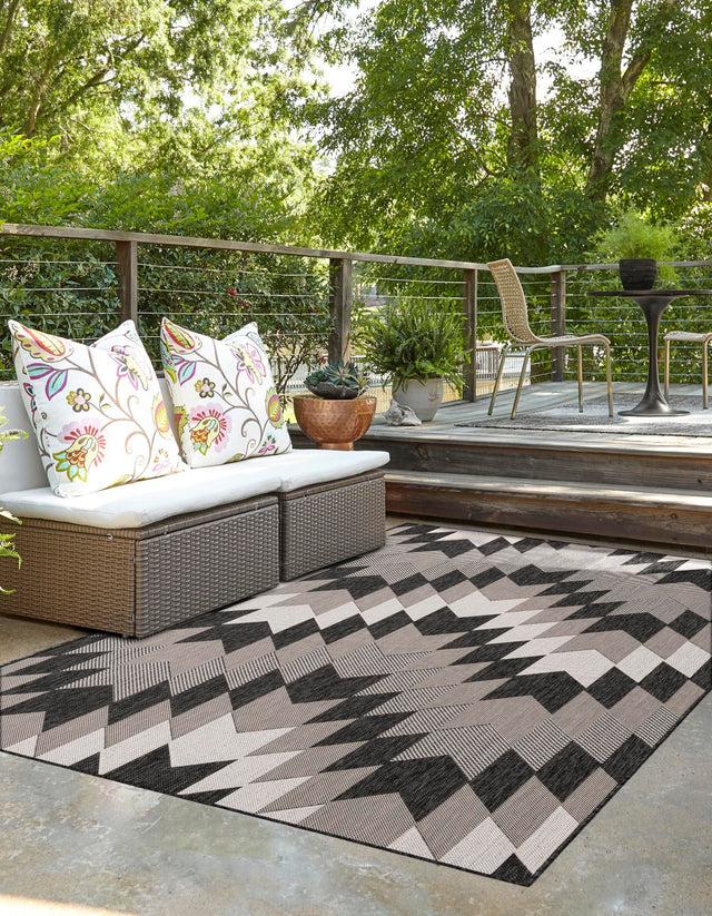 Black and White 5' 3 x 8' Outdoor Modern Rectangle Area Rug Weather Resistant for Patio, Deck, Terrace, Balcony, Porch 100% Polypropylene Modern Outside Carpet for Sale at Rug Engine