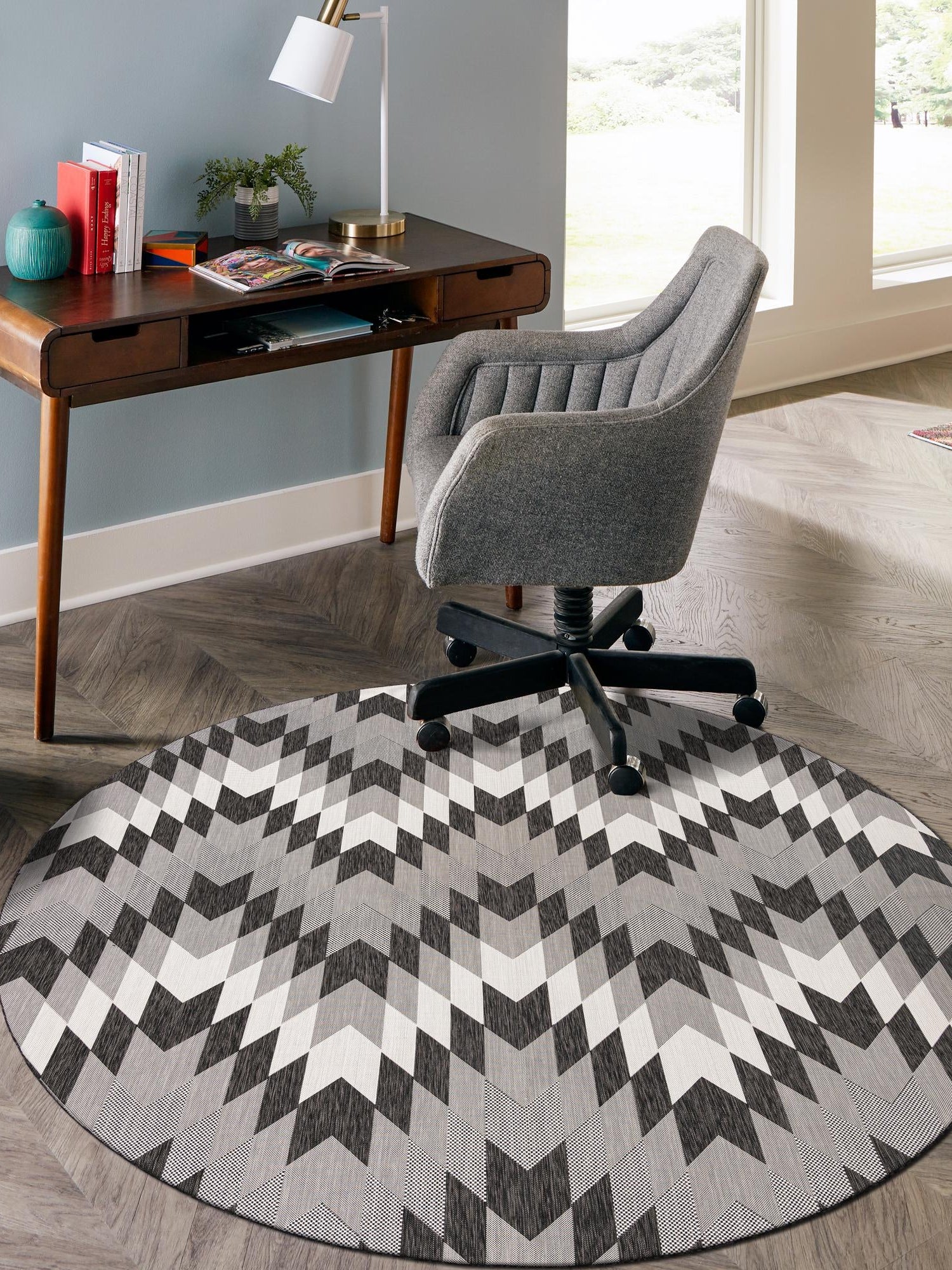 Black and White 12' x 12' Outdoor Modern Round Area Rug Weather Resistant for Patio, Deck, Terrace, Balcony, Porch 100% Polypropylene Modern Outside Carpet for Sale at Rug Engine