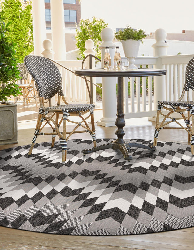 Black and White 6' 1 x 6' 1 Outdoor Modern Round Area Rug Weather Resistant for Patio, Deck, Terrace, Balcony, Porch 100% Polypropylene Modern Outside Carpet for Sale at Rug Engine