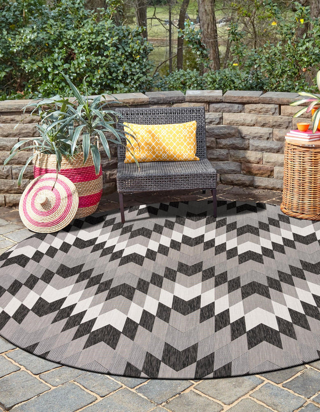 Black and White 6' 1 x 6' 1 Outdoor Modern Round Area Rug Weather Resistant for Patio, Deck, Terrace, Balcony, Porch 100% Polypropylene Modern Outside Carpet for Sale at Rug Engine