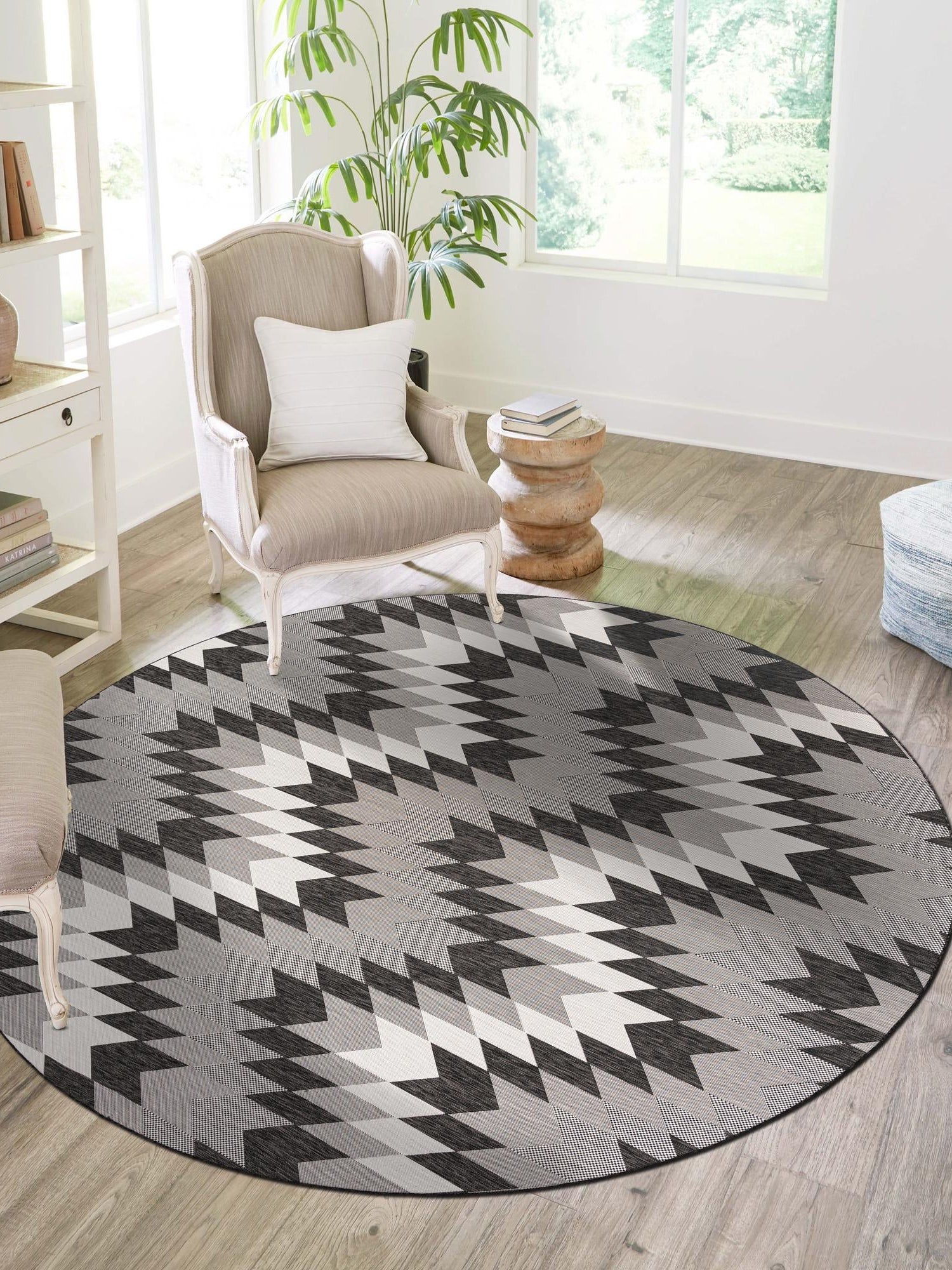 Black and White 6' 1 x 6' 1 Outdoor Modern Round Area Rug Weather Resistant for Patio, Deck, Terrace, Balcony, Porch 100% Polypropylene Modern Outside Carpet for Sale at Rug Engine
