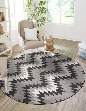 Black and White 6' 1 x 6' 1 Outdoor Modern Round Area Rug Weather Resistant for Patio, Deck, Terrace, Balcony, Porch 100% Polypropylene Modern Outside Carpet for Sale at Rug Engine