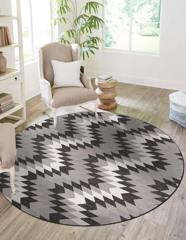 Black and White 6' 1 x 6' 1 Outdoor Modern Round Area Rug Weather Resistant for Patio, Deck, Terrace, Balcony, Porch 100% Polypropylene Modern Outside Carpet for Sale at Rug Engine