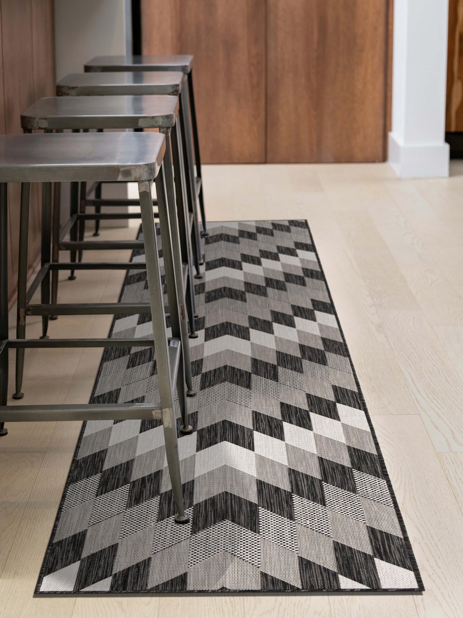 Black and White 2' x 6' 1 Outdoor Modern Runner Area Rug Weather Resistant for Patio, Deck, Terrace, Balcony, Porch 100% Polypropylene Modern Outside Carpet for Sale at Rug Engine