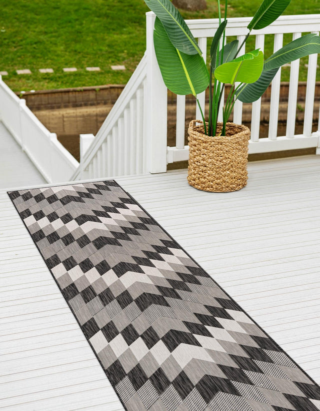 Black and White 2' x 8' Outdoor Modern Runner Area Rug Weather Resistant for Patio, Deck, Terrace, Balcony, Porch 100% Polypropylene Modern Outside Carpet for Sale at Rug Engine
