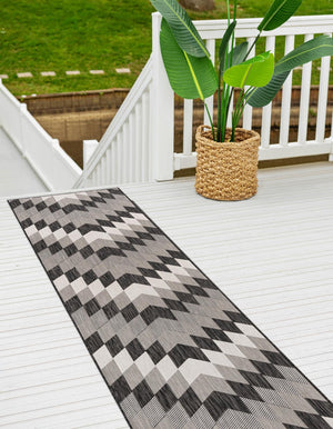 Black and White 2' 7 x 12' Outdoor Modern Runner Area Rug Weather Resistant for Patio, Deck, Terrace, Balcony, Porch 100% Polypropylene Modern Outside Carpet for Sale at Rug Engine