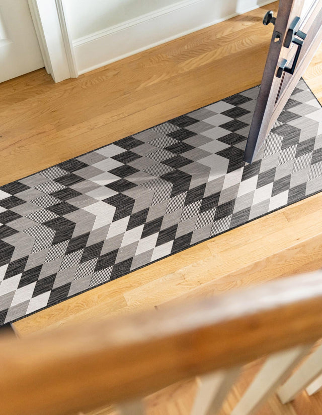 Black and White 2' x 8' Outdoor Modern Runner Area Rug Weather Resistant for Patio, Deck, Terrace, Balcony, Porch 100% Polypropylene Modern Outside Carpet for Sale at Rug Engine