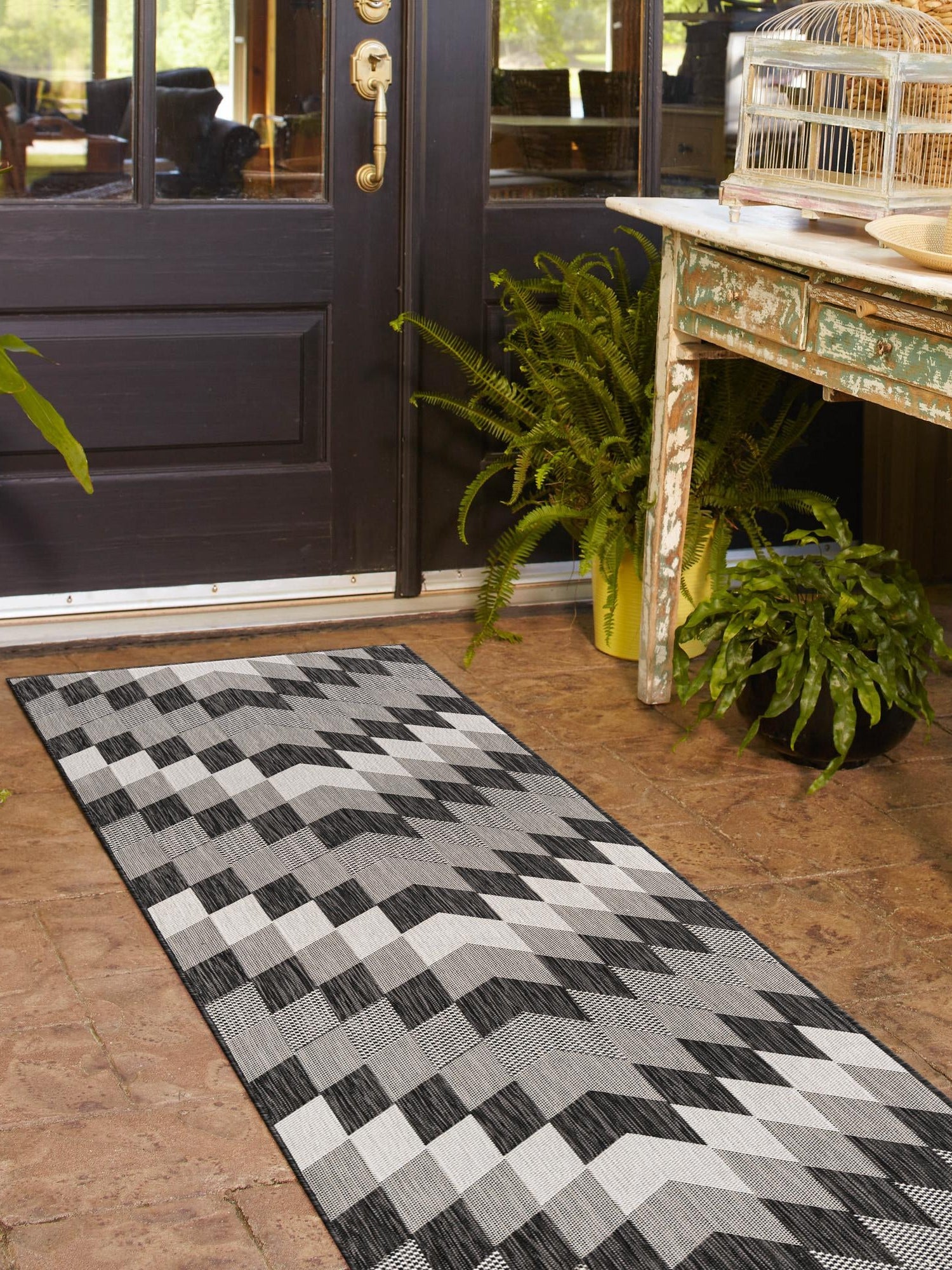 Black and White 2' x 4' 1 Outdoor Modern Runner Area Rug Weather Resistant for Patio, Deck, Terrace, Balcony, Porch 100% Polypropylene Modern Outside Carpet for Sale at Rug Engine