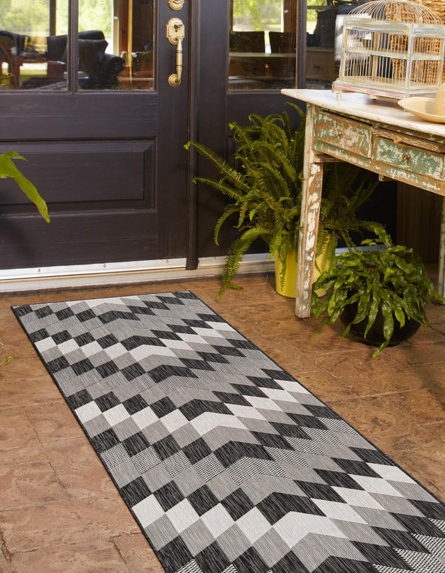 Black and White 2' x 4' 1 Outdoor Modern Runner Area Rug Weather Resistant for Patio, Deck, Terrace, Balcony, Porch 100% Polypropylene Modern Outside Carpet for Sale at Rug Engine
