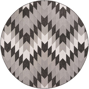 Black and White 7' 10 x 7' 10 Outdoor Modern Round Area Rug Weather Resistant for Patio, Deck, Terrace, Balcony, Porch 100% Polypropylene Modern Outside Carpet for Sale at Rug Engine