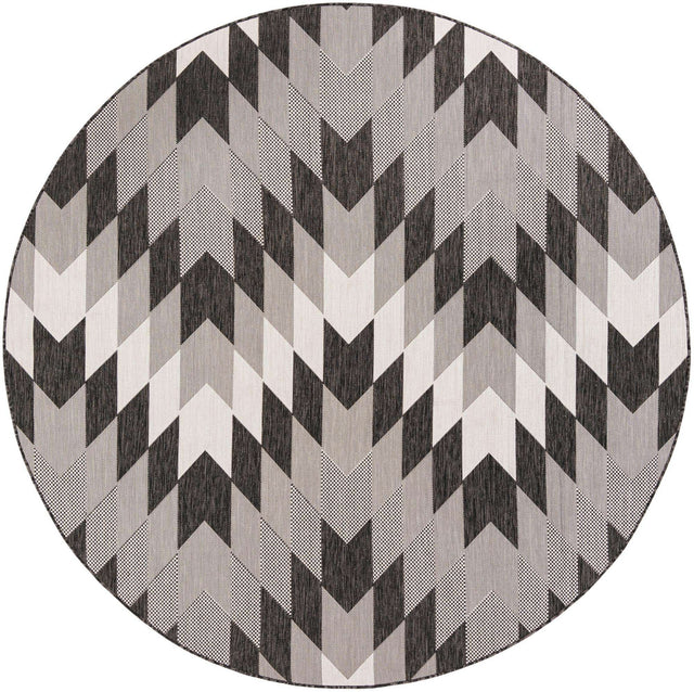 Black and White 7' 10 x 7' 10 Outdoor Modern Round Area Rug Weather Resistant for Patio, Deck, Terrace, Balcony, Porch 100% Polypropylene Modern Outside Carpet for Sale at Rug Engine