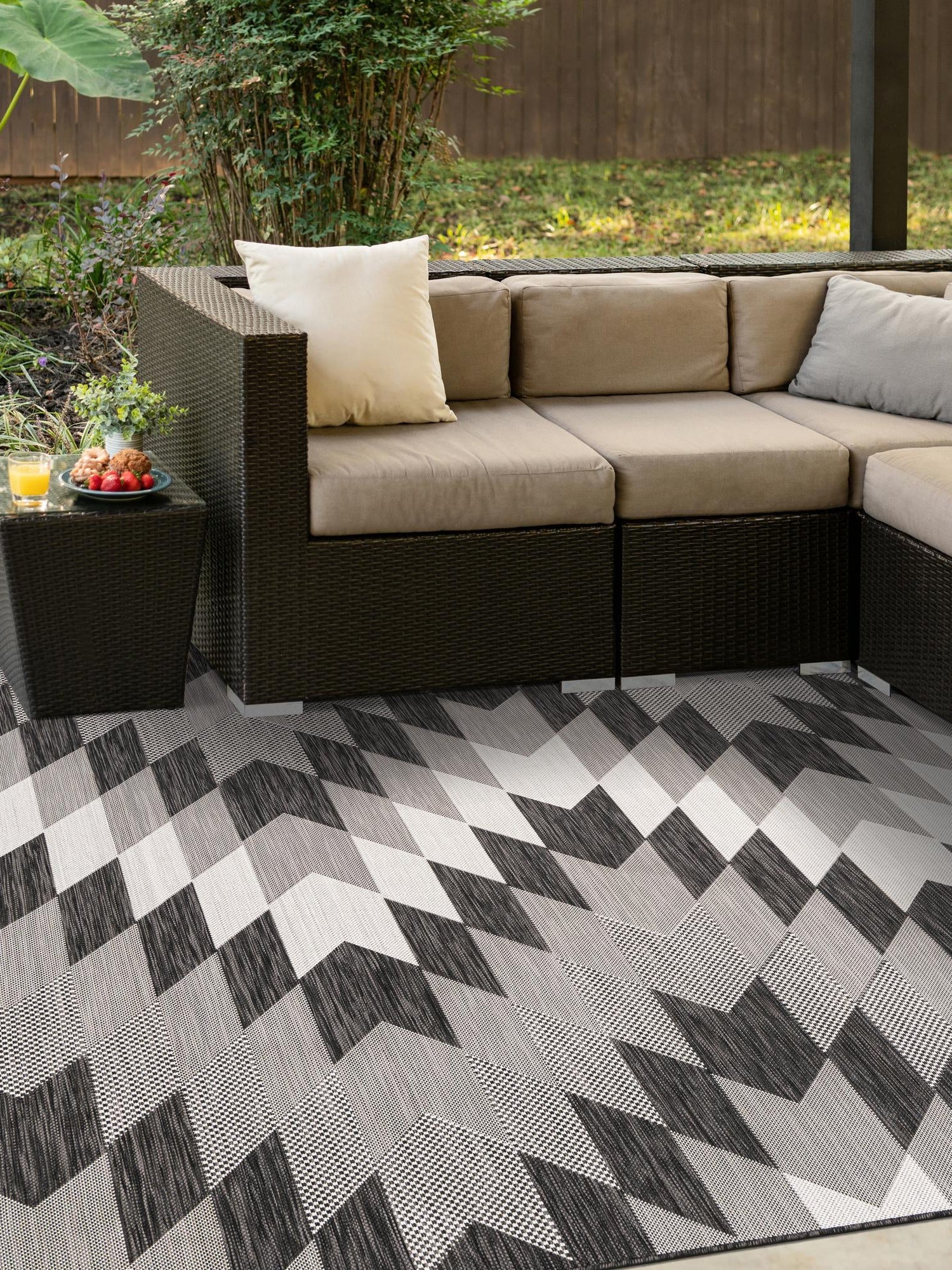 Black and White 7' 10 x 7' 10 Outdoor Modern Square Area Rug Weather Resistant for Patio, Deck, Terrace, Balcony, Porch 100% Polypropylene Modern Outside Carpet for Sale at Rug Engine