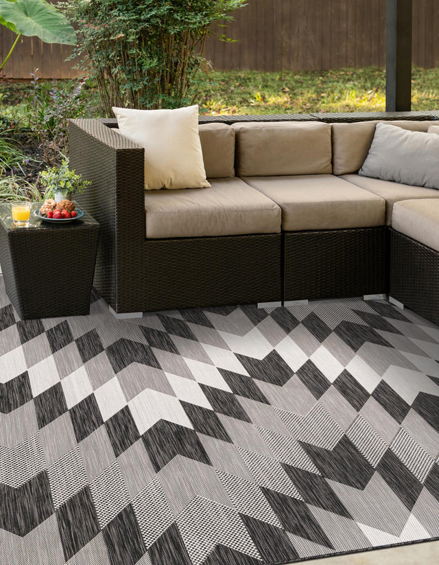 Black and White 7' 10 x 7' 10 Outdoor Modern Square Area Rug Weather Resistant for Patio, Deck, Terrace, Balcony, Porch 100% Polypropylene Modern Outside Carpet for Sale at Rug Engine