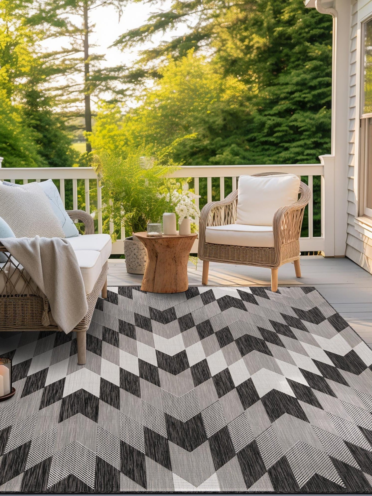 Black and White 7' 10 x 7' 10 Outdoor Modern Square Area Rug Weather Resistant for Patio, Deck, Terrace, Balcony, Porch 100% Polypropylene Modern Outside Carpet for Sale at Rug Engine