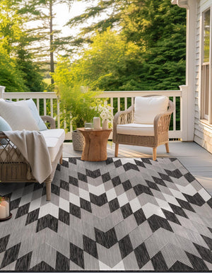 Black and White 7' 10 x 7' 10 Outdoor Modern Square Area Rug Weather Resistant for Patio, Deck, Terrace, Balcony, Porch 100% Polypropylene Modern Outside Carpet for Sale at Rug Engine