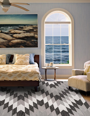 Black and White 10' x 10' Outdoor Modern Square Area Rug Weather Resistant for Patio, Deck, Terrace, Balcony, Porch 100% Polypropylene Modern Outside Carpet for Sale at Rug Engine