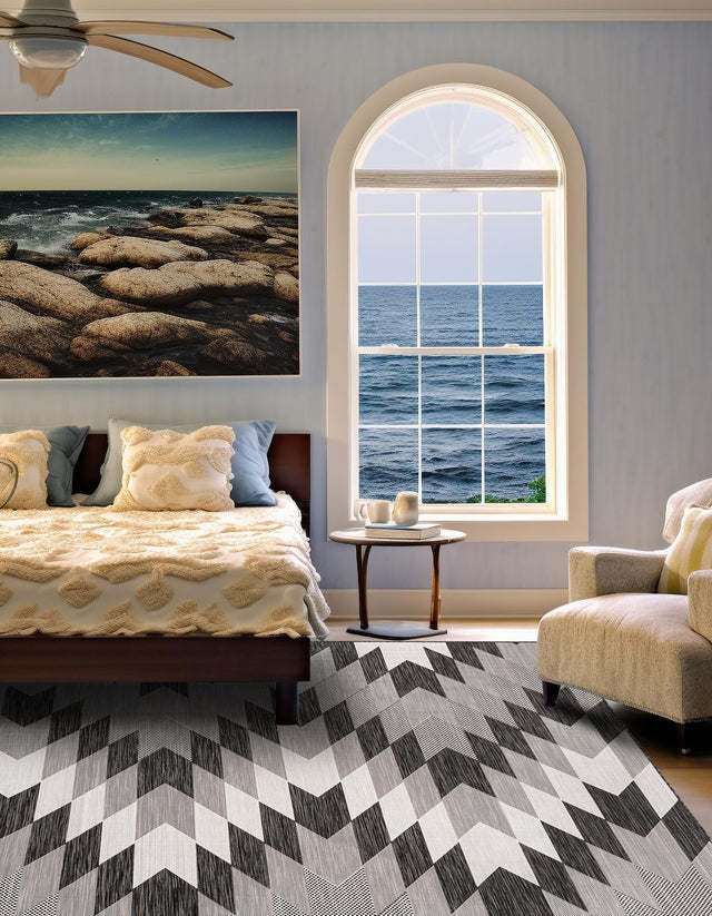 Black and White 7' 10 x 7' 10 Outdoor Modern Square Area Rug Weather Resistant for Patio, Deck, Terrace, Balcony, Porch 100% Polypropylene Modern Outside Carpet for Sale at Rug Engine